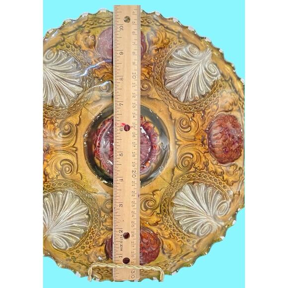 Antique EAPG Goofus Glass 11" Plate Gold Red Flowers Silver Acanthus Leaves - Picture 5 of 6